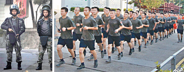 17일 홍콩이공대 인근에서 홍콩 주둔 인민해방군 소속 군인들이 총검을 장착한 소총을 들고 무장한 상태에서 부대 경비근무를 서고 있다(왼쪽 사진). 홍콩 주둔 중국군은 이날 홍콩 시위 5개월 만에 처음으로 부대 외부 활동에 나섰으며, 홍콩 경찰은 장갑차를 동원해 시위대 진압에 나서는 등 강경 대치 기류가 확산되고 있다. 홍콩=AP 뉴시스·웨이보