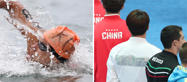 광주 세계수영선수권대회 오픈워터 스위밍 남자 5km에 출전한 백승호가 매직펜으로 ‘KOREA’라고 쓴 수영모를 쓴 채 경기를 하고 있다(왼쪽 사진). 남자 1m 스프링보드 결선에 나선 우하람(흰색 상의)은 ‘KOREA’가 새겨진 유니폼을 지급받지 못해 후원사 로고를 테이프로 가렸다. 광주세계수영선수권대회조직위원회 제공·광주=뉴시스