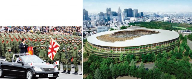 아베 신조 총리가 자위대를 사열하고 있다(왼쪽).  2020년 도쿄올림픽 개폐회식이 열릴 신국립경기장. [일본 내각관방, JSC]