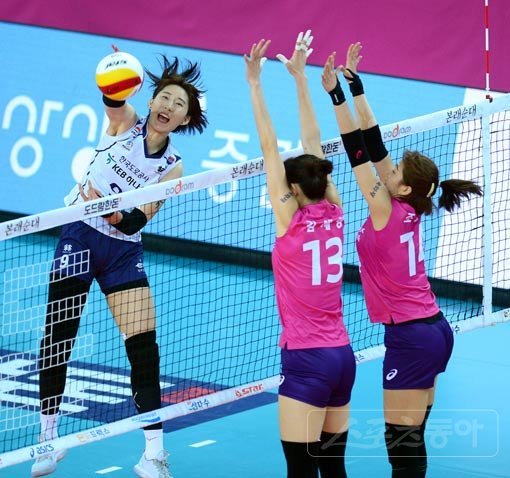 26일 인천 계양체육관에서 열린 ‘도드람 2019~2020 V-리그‘ 여자부 한국도로공사와 흥국생명 경기에서 한국도로공사 박정아가 흥국생명의 블로킹 사이로 스파이크 공격을 하고 있다. 인천｜김종원 기자 won@donga.com