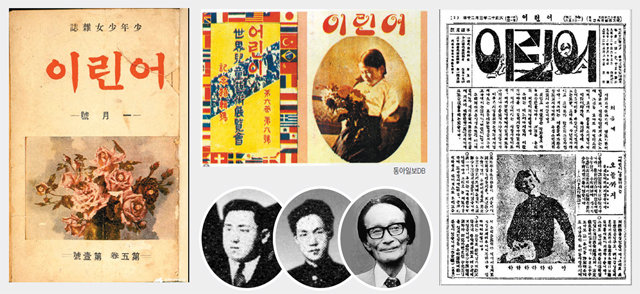 ‘어린이’는 방정환을 중심으로 개벽사에서 발행한 아동 잡지이다. 오른쪽은 1923년 3월 20일 ‘어린이’의 창간호. 인물 사진은 방정환, 윤극영, 이원수(왼쪽부터). 한국민족문화대백과·‘한국잡지100년’