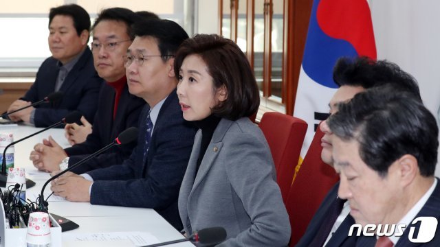 나경원 자유한국당 원내대표가 27일 서울 여의도 국회에서 열린 중진의원 회의에서 모두발언을 하고 있다. © News1