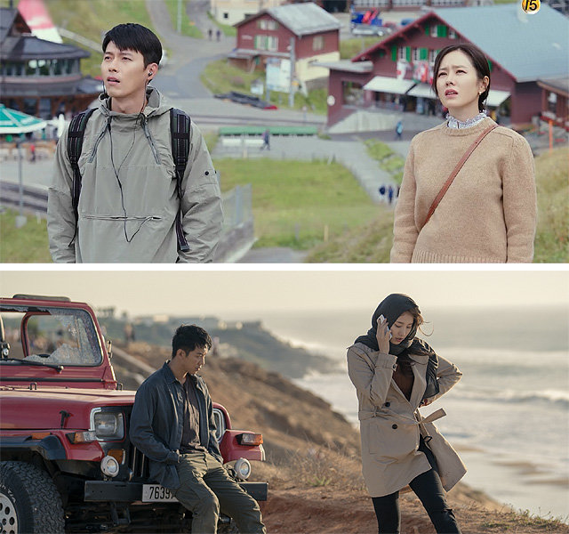 영화 ‘협상’에서 호흡을 맞춘 현빈, 손예진은 tvN ‘사랑의 불시착’(위 사진)에서 멜로 연기를 펼친다. 이승기와 배수지는 다시 만난 SBS ‘배가본드’에서 액션과 멜로를 함께 선보였다. tvN·SBS 제공