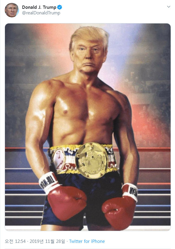 도널드 트럼프 미국 대통령이 영화 ‘록키 3’ 포스터에 자신의 얼굴 이미지를 합성해 트위터에 올린 사진. 트위터 캡처