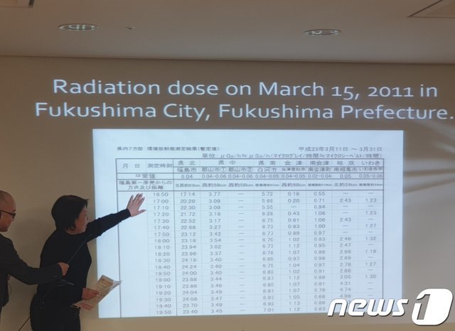 후쿠시마 주민 카토 린이 정부가 발표한 방사선 수치와 시민단체가 측정한 수치가 다르다는 것을 설명하고 있는 모습이다. 28일 국회의원회관에서 ‘’도쿄 올림픽과 방사능 위험 국제 세미나‘가 열렸다.© 뉴스1