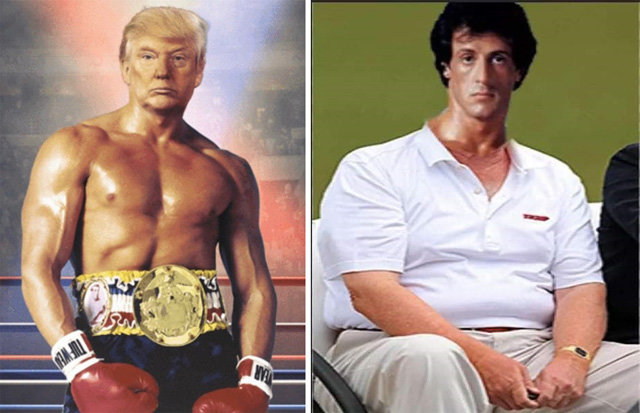 도널드 트럼프 미국 대통령이 영화 ‘록키 3’ 포스터에 자신의 얼굴을 합성해 트위터에 올린 사진(왼쪽 사진). 이를 비판하는 사람들은 트럼프 대통령의 몸에 록키 얼굴을 합성한 사진을 올리기도 했다. 트위터 캡처