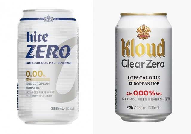 국내 생산 무알코올 맥주 하이트제로 0.00(왼쪽)과 클라우드 클리어제로./ © 뉴스1