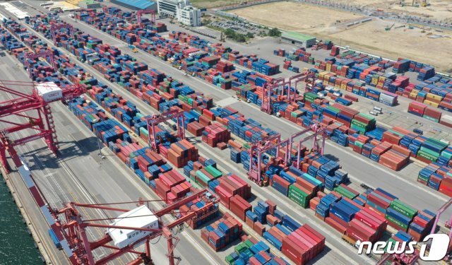 울산신항컨테이너터미널에 수출·입을 기다리는 컨테이너들이 가득 차 있는 모습. /뉴스1DB