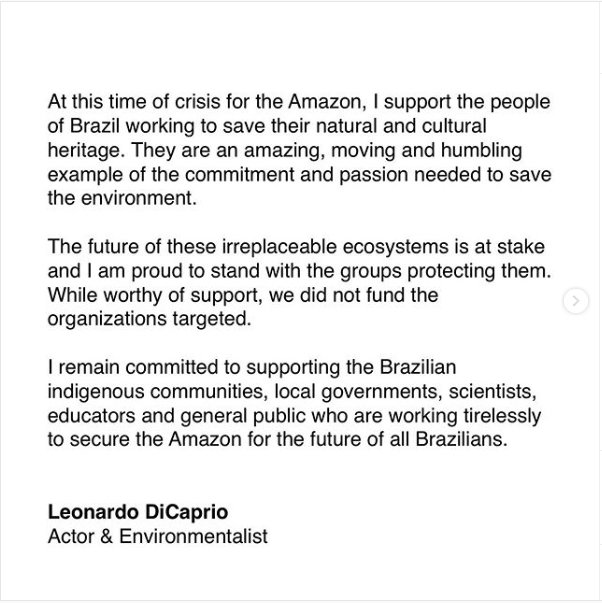 “아마존 우림 방화 책임이 있는 자선단체에 리어나도 디캐프리오가 자금을 지원했다”는 브라질 대통령 성명에 대해 디캐프리오가 인스타그램에 게재한 반박 메시지. 인스타그램 캡처