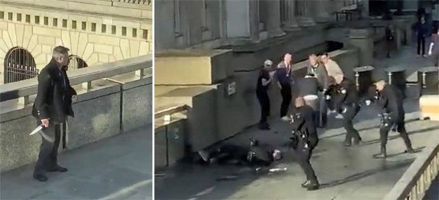 범인 칼 치운 시민-현장서 범인 사살하는 경찰 지난달 29일 영국 런던의 런던브리지에서 한 남성이 테러 용의자가 떨어뜨린 흉기를 들고 뒤로 물러서 있다(왼쪽 사진). 이날 무슬림계 남성 우스만 칸(28)이 닥치는 대로 흉기를 휘둘러 2명이 숨지고 3명이 중상을 입었다. 무장 경찰이 칸을 둘러싼 채 진압하고 있다(오른쪽 사진). 칸은 2010년 이슬람 극단주의자들의 런던증권거래소 폭발 테러 시도에도 연루됐으며 16년형을 선고받고 복역하다가 지난해 12월 가석방됐다. 런던=AP 뉴시스