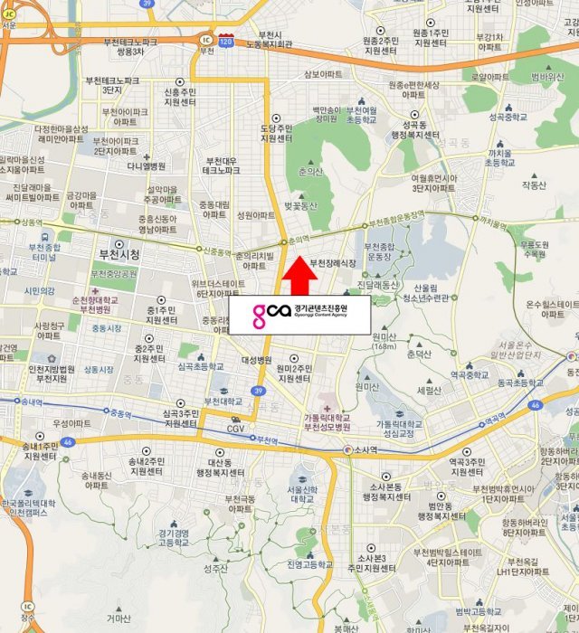 경기콘텐츠진흥원 서부클러스터 부천센터의 지도상 위치(붉은색 원). 주변에는 지하철 1호선과 7호선이 지나기 때문에 접근이 용이하다. (출처=IT동아)