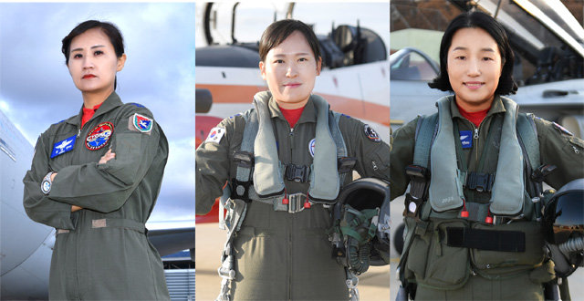 여군 최초로 비행대대장 자리에 오른 3인방. 왼쪽부터 편보라, 장세진, 박지연 중령. 이들은 1997년 공사에 입학한 최초의 여생도로 2002년 고등비행교육과정을 수료한 지 17년 만에 비행대대장이 됐다. 공군 제공