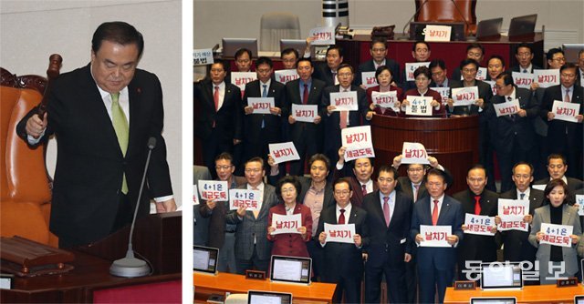 10일 문희상 국회의장이 자유한국당의 반발 속에 국회 본회의장에서 내년도 예산안 수정안을 의결하고 있다(왼쪽 사진). 한국당 의원들은 예산안 통과 후 본회의가 정회되자 “예산안 날치기는 무효”라고 주장하며 의장석을 점거한 채 ‘날치기’ ‘4+1은 세금도둑’이라고 쓴 종이를 들고 항의하고 있다. 양회성 기자 yohan@donga.com