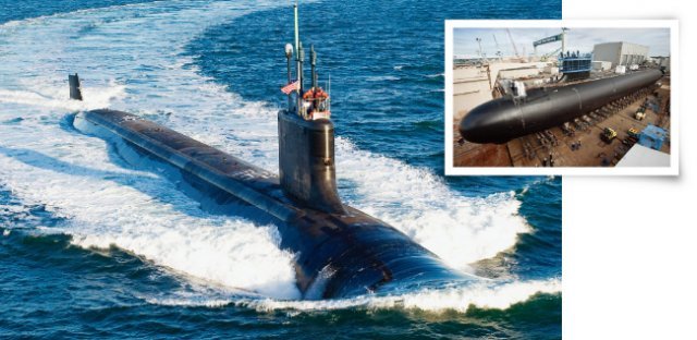 미국의 최신예 버지니아급 공격형 핵잠수함(SSN)  미시시호가 항해하고 있다(왼쪽). 미국이 버지니아급 핵잠수함을 건조하고 있는 모습. [미국 해군]