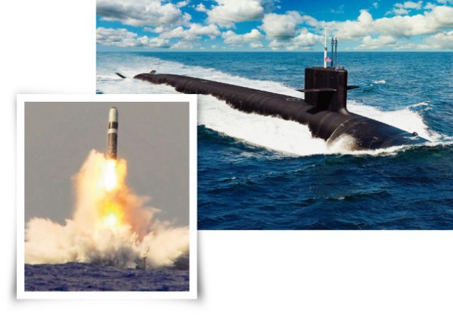 미국이 내년 건조에 착수할 최신예 SSBN인 컬럼비아급 핵잠수함의 조감도(오른쪽). 미국이 잠수함 발사탄도미사일(SLBM)인 트라이던트II D-5 미사일을 시험발사하고 있다. [미국 해군]