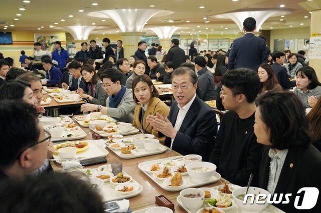 문재인 대통령이 17일 서울 구로구 에이스하이엔드타워 구내식당을 찾아 직장인들과 점심식사를 하고 있다. (청와대 제공) 2019.12.17/뉴스1