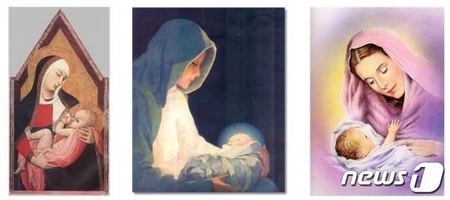 ‘성모마리아와 아기예수’ 바위와 유사한 모양의 그림.(양양군 제공) © News1