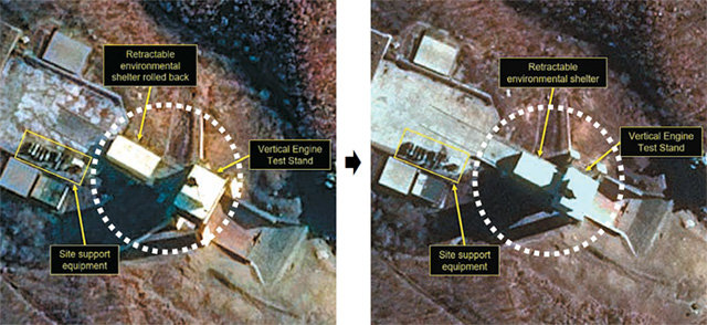 최근 북한 평안북도 철산군 동창리 엔진시험장을 촬영한 위성사진. 38노스에 따르면 17일 이동식 구조물이 수직 엔진시험대와
 다소 떨어져 있는 것(왼쪽 사진 점선 안)과 달리 18일엔 이 구조물이 시험대 바로 가까이에 배치돼 있다. 이에 추가적인 
엔진시험 가능성이 제기된다. 사진 출처 38노스