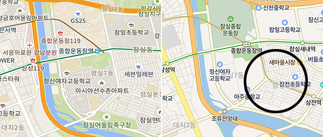 서울지하철 9호선 노선도가 종합운동장역까지만 표시된 구글맵(왼쪽 사진)과 삼전역으로 이어지도록 나오는 네이버지도. 종합운동장에서 삼전역을 거쳐 중앙보훈병원으로 이어지는 구간(원 안)은 지난해 11월 개통됐다. 각 지도 캡처