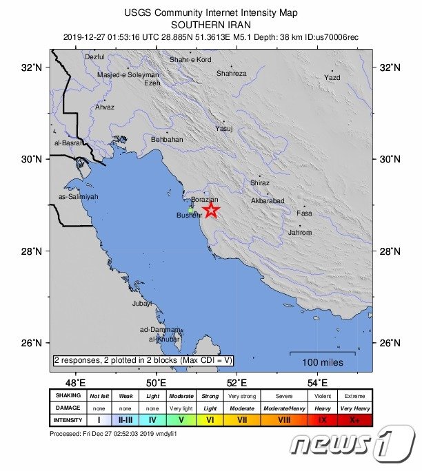 이란 부셰르 원자력발전소 인근에서 지진이 발생했다. <출처=USGS> © 뉴스1