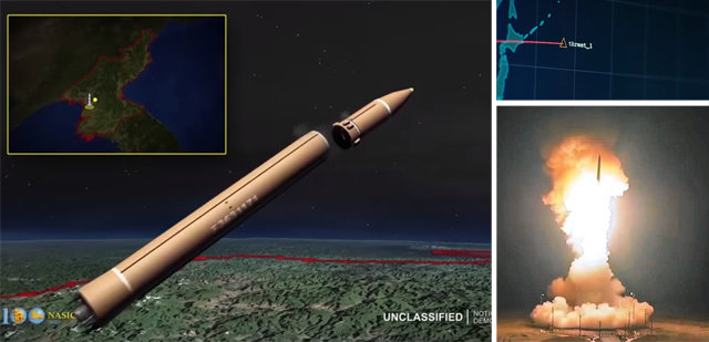 ‘北 ICBM 쏘면 ICBM 맞대응’ 영상 올린 美공군 미국 공군이 북한이 대륙간탄도미사일(ICBM) ‘화성-14형’을 쏘고(왼쪽 사진) 이 미사일이 일본 상공을 넘어 미국을 향해 날아가는(오른쪽 위 사진) 가상의 장면을 담은 영상을 제작했다. 미 공군 홍보용으로 제작된 이 영상에는 북한의 ICBM을 ‘새로운 행위자’와 ‘더욱 복잡해진 위협’이라고 지목한 뒤 미 ICBM 미니트맨3(오른쪽 아래 사진) 등 육해공군이 총력 대응에 나서는 모습이 담겼다. 미국 공군 SNS 영상 캡처