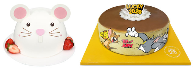 왼쪽부터 신세계백화점 쥐 모양 케이크, 파리바게뜨 ‘럭키 2020 치즈케이크’. 각 사 제공
