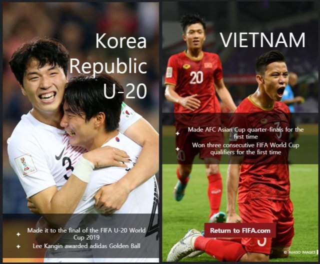 FIFA가 선정한 2019년 놀라운 팀에 뽑힌 한국 U-20대표팀과 베트남 축구대표팀 (FIFA 홈페이지) © 뉴스1