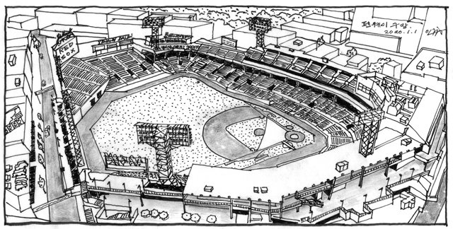 보스턴 펜웨이파크 야구장. 보스턴 레드삭스의 홈그라운드인 이곳은 미국 1세대 야구장의 한 전형이다. 그림에서 왼쪽에 보이는 도로가 랜스다운 스트리트다. 그림 맨 위에 보이는 녹지가 보스턴 에메랄드 네클리스의 종점인 펜웨이파크다. 그림 이중원 교수