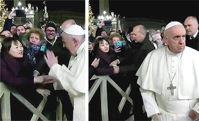 지난해 12월 31일(현지 시간) 성베드로 광장에서 프란치스코 교황이 자신의 손을 억지로 잡아당긴 여성의 손을 뿌리친 뒤(왼쪽 사진) 화난 표정으로 등을 돌리는 모습. 가디언 홈페이지 캡처