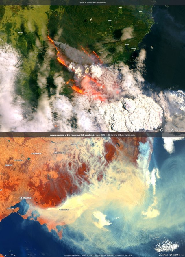 지난달 31일 유럽우주기구(ESA)의 센티넬-2 위성을 보면 호주 남쪽 해안에 위치한 베이트만 
베이(Bateman Bay) 지역이 불과 연기로 뒤덮여 있다. 이달 2일 센티넬-3 위성사진에서도 호주 남동부가 연기로 가려져 
있었다.
