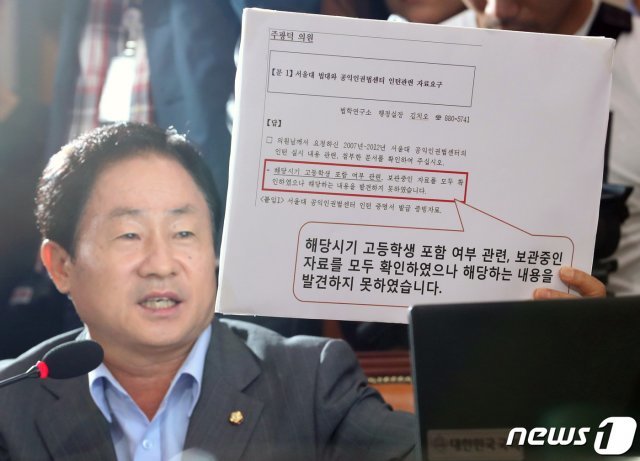 주광덕 자유한국당 의원이 지난해 9월6일 서울 여의도 국회에서 열린 조국법무부장관 인사청문회에서 조국후보자 딸의 서울대학교 인턴활동에 대한 질의를 하고 있다.© News1