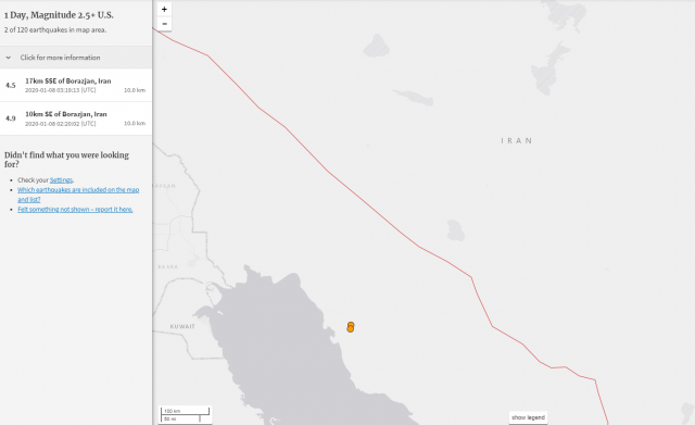 미 지질조사국(USGS)은 이날 오전 2시20분경(UTC 기준·한국시간 오후 11시20분) 보라즈잔에서 남동쪽으로 10㎞ 떨어진 
지점(북위 29.195도, 동경 51.287도)에서 규모 4.9의 지진이 발생했다고 밝혔다. 진원의 깊이는 10㎞다.