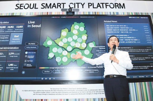 ‘CES 2020’에 조성한 서울관을 찾은 박원순 서울시장이 모든 도시현상을 실시간으로 파악할 수 있는 ‘디지털 시민시장실’을 소개하고 있다. 서울시 제공