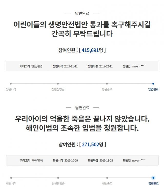 청와대는 10일 ‘어린이 생명안전 법안 통과 촉구’와 ‘해인이법의 조속한 입법 청원’ 등 제목의 국민청원에 대한 답변을 내놨다. 두 청원은 합쳐서 68만7000여 명의 동의를 받았다.