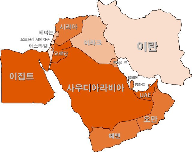 중동 주요 국가들의 지정학적 위치와 면적.
