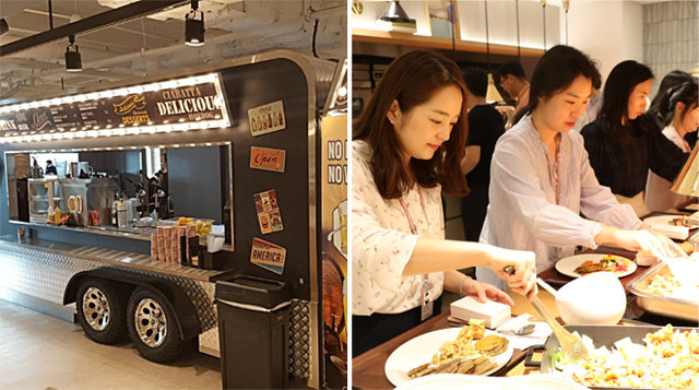 생맥주와 피자를 판매하는 신한금융투자 본사 직원식당 내 
‘푸드트럭’(왼쪽 사진), 서울 중구 CJ제일제당센터 직원식당 ‘그린테리아 셀렉션’의 샐러드바. 현대그린푸드·CJ프레시웨이 제공