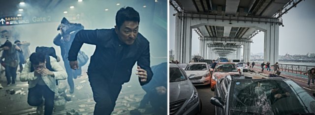 백두산 폭발 영향으로 서울에서 지진이 나는 상황을 묘사한 영화 백두산 스틸컷.