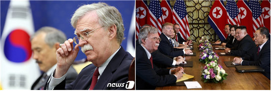 지난해 7월 외교부 청사를 찾은 존 볼턴 백악관 국가안보보좌관(왼쪽 사진 오른쪽)과 해리스 대사. 오른쪽 사진은 하노이 정상회담에서 미국 대표로 참석한 볼턴 보좌관의 모습.