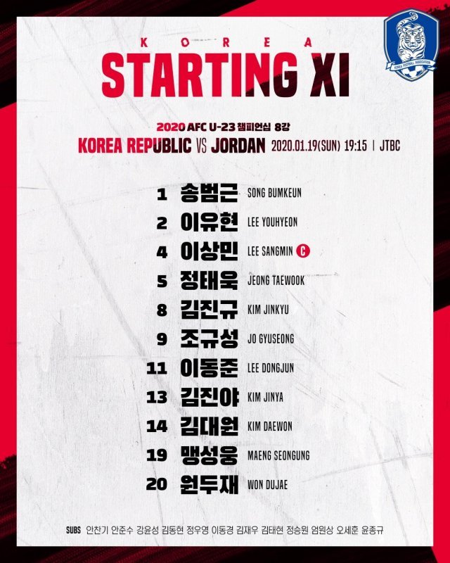 한국 U-23대표팀의 요르단전 선발 라인업. (대한축구협회 제공)