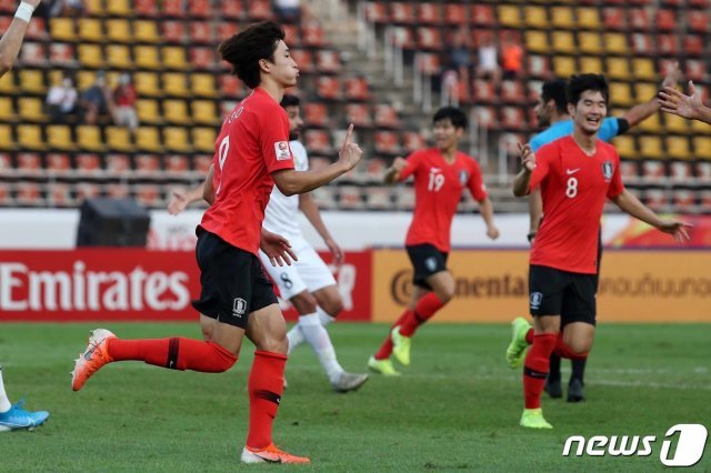 대한민국 U-23 대표팀 조규성이 19일 오후(현지시간) 태국 방콕 탐마삿 스타디움에서 열린 ‘2020 아시아축구연맹(AFC) U-23 챔피언십’ 요르단과의 8강전에서 헤딩슛을 성공시킨 뒤 기뻐하고 있다. © News1