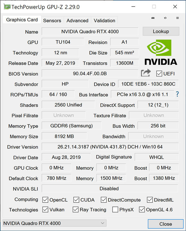 GPU-Z로 확인한 쿼드로 RTX 4000 그래픽의 등록정보(출처=IT동아)