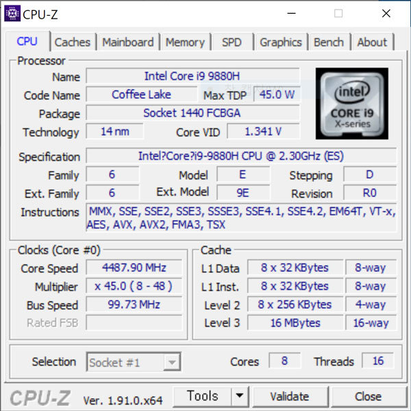 CPU-Z로 확인한 코어 i9-9880H 프로세서의 등록정보(출처=IT동아)