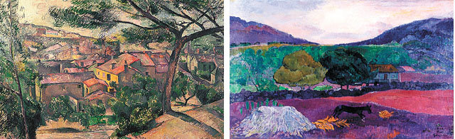 세잔의 ‘햇살을 마주 본 레스타크의 아침 풍경’(1882∼1883년·왼쪽 사진)은 좌우로 펼쳐진 나무 사이로 퍼즐처럼 짜인 주택가의 구성이 돋보인다. 고갱의 ‘개가 있는 풍경’(1903년)은 관습을 벗어난 화려한 색채를 사용해 작가의 주관을 더 과감하게 밀고 나갔다. 서울 예술의전당 제공·ⓒThe Israel Museum Jerusalem