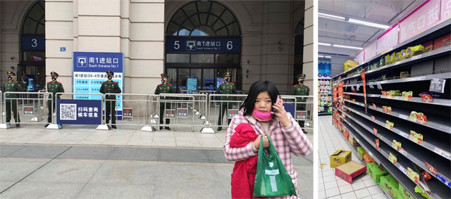 우한 기차역 폐쇄… 마트 진열대 ‘텅텅’ 23일 중국 후베이성 우한시의 폐쇄된 기차역을 경찰들이 지키고 서 있다. 기차역에 들어서려던 한 여성이 돌아서서 통화를 하고 있다. 중국 정부는 ‘우한 폐렴’의 근원지인 우한시의 대중교통을 전면 차단했다(왼쪽 사진). 같은 날 우한 시민들의 ‘사재기’로 한 마트의 제품 진열대가 텅 비어 있다. 우한=AP 뉴시스·사진 출처 웨이보