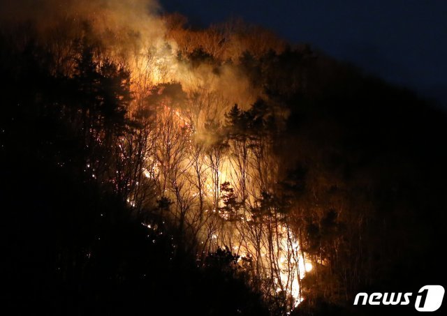 26일 오후 8시 48분께 충남 공주시 반포면 하신리  계룡산국립공원 고청봉 일원에서 산불이 발생해 불길이 보이고 있다. 2020.1.27/뉴스1 © News1