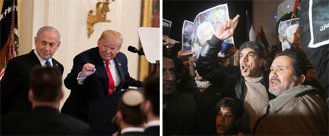 중동평화구상 발표에 웃는 이스라엘-분노한 팔레스타인 도널드 트럼프 미국 대통령(왼쪽 사진 오른쪽)이 
28일 워싱턴 백악관에서 베냐민 네타냐후 이스라엘 총리와 공동 기자회견을 열고 있다. 이날 트럼프 대통령은 예루살렘을 완전한 
이스라엘의 수도로 인정한다는 내용의 ‘중동평화구상’을 공개했다. 하지만 팔레스타인자치정부와 가자지구를 통치하는 무장정파 하마스는 
“예루살렘은 흥정의 대상이 아니다”라며 평화구상을 거부하겠다는 뜻을 분명히 했다. 오른쪽 사진은 같은 날 팔레스타인 가자지구에서 
반미 시위대가 트럼프 대통령의 평화구상에 반대하는 구호를 외치는 모습. 워싱턴·가자=신화 뉴시스