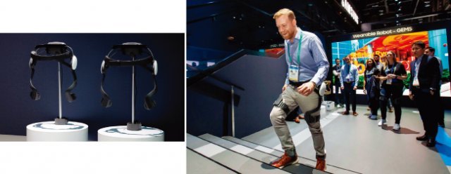 미국 라스베이거스에서 열린 세계 최대 전자제품 박람회 CES 2020에서  삼성전자 전시관을 방문한 관람객이 웨어러블 보행 보조 로봇 ‘젬스(GEMS)’를 체험하고 있다. [사진 제공 · 삼성전자]