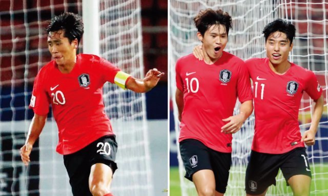 원두재가 1월 15일 오후 태국 방콕 탐마삿 스타디움에서 열린 ‘2020 AFC U-23 챔피언십’ 우즈베키스탄과 조별리그 3차전에서 드리블을 하고 있다(왼쪽). 
이동경(왼쪽)이 22일 오후 호주와 4강전에서 추가 득점에 성공한 뒤 이동준과기쁨을 나누고 있다. [뉴스1]