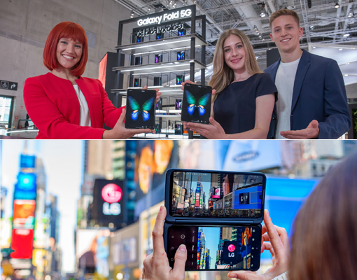 국내 기업들이 차별화를 앞세운 새 프리미엄 전략 스마트폰을 연이어 공개하면서 2020년 시장 공략의 포문을 연다. 지난해 선보인 삼성전자의 ‘갤럭시폴드’(위쪽)와 LG전자의 ‘G8X씽큐’(국내명 V50S씽큐). 사진제공｜삼성전자·LG전자