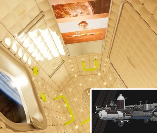 ‘액시엄 스페이스’가 계획하고 있는 우주호텔 모듈의 내부 모습이다. 작은 사진은 우주호텔 모듈이 국제우주정거장(ISS) 2번 노드에 연결된 상상도. 액시엄 스페이스 제공